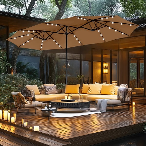 slide 2 of 10, MAISON ARTS 15-foot Rectangular Crank Double-sided Outdoor Market Umbrella Solar LED Lighted Patio Umbrella with Base Included Tawny