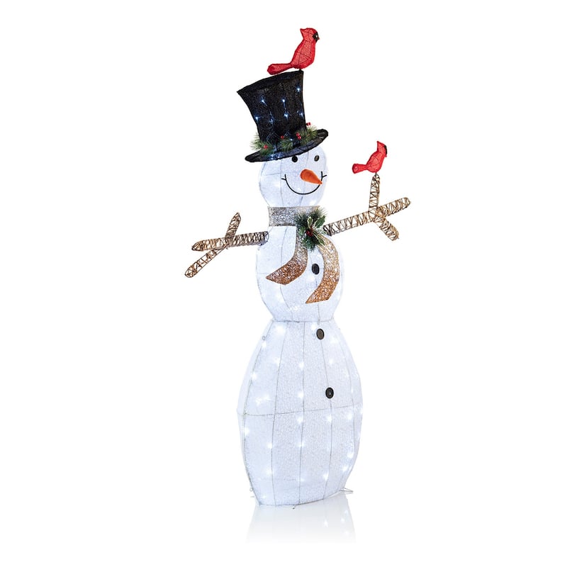 Alpine Corporation Mesh Snowman Decoration with Bird Accents and LED Lights - White