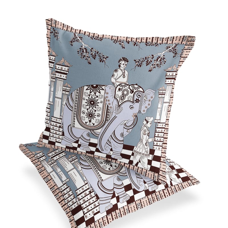 HomeRoots Set of Two 16" X 16" Blue and Brown Elephant Blown Seam Floral Indoor Outdoor Throw Pillow - 16.00' X '16.00' X '5.00