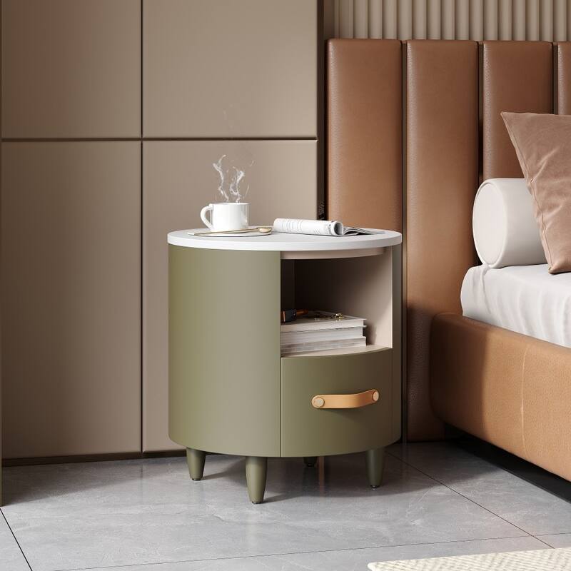 Modern Round Nightstand with Storage Drawer and Open Storage Shelf for Living Room - Green 