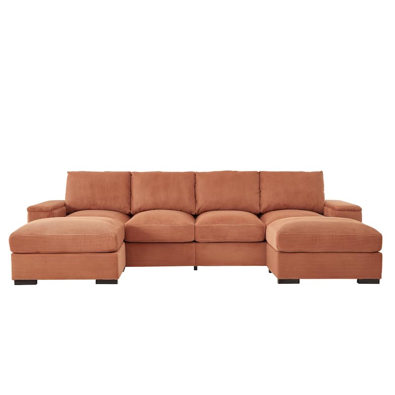 U-Shaped Sectional Sofa with 2 Movable Ottomans, Comfy Corduroy Upholstered 4 Seater Sofa, Lounge Sofa with Storage Armrests
