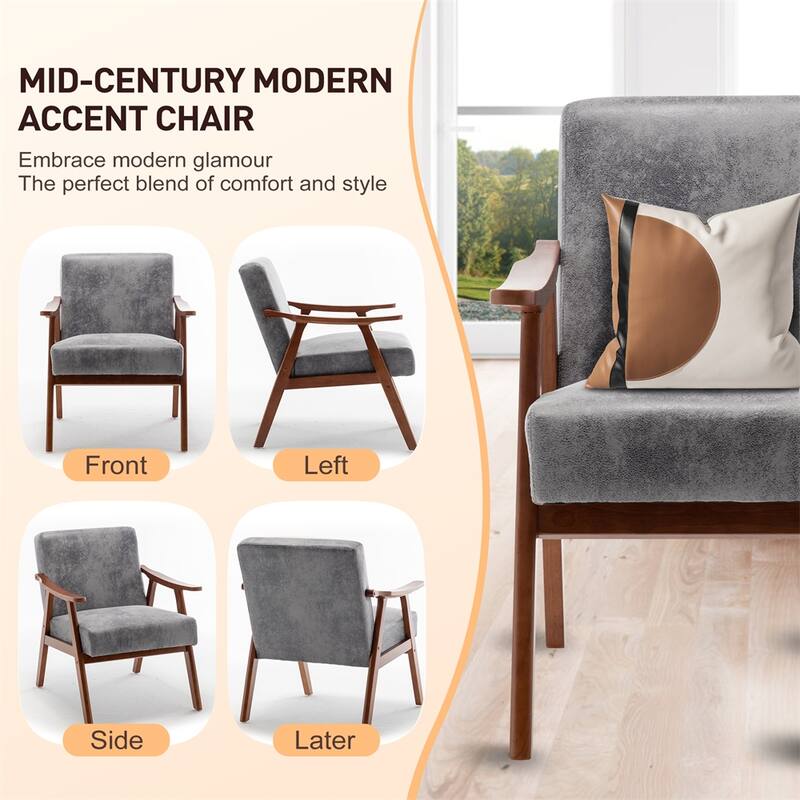 Mid-Century Modern Chair,Living Room Chair with Solid Wood Frame - Grey+Fabric