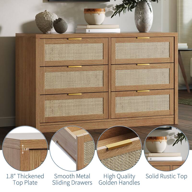 6/7-Drawer Dresser for Bedroom, Rattan Dresser Modern Wood Chest with Metal Handles