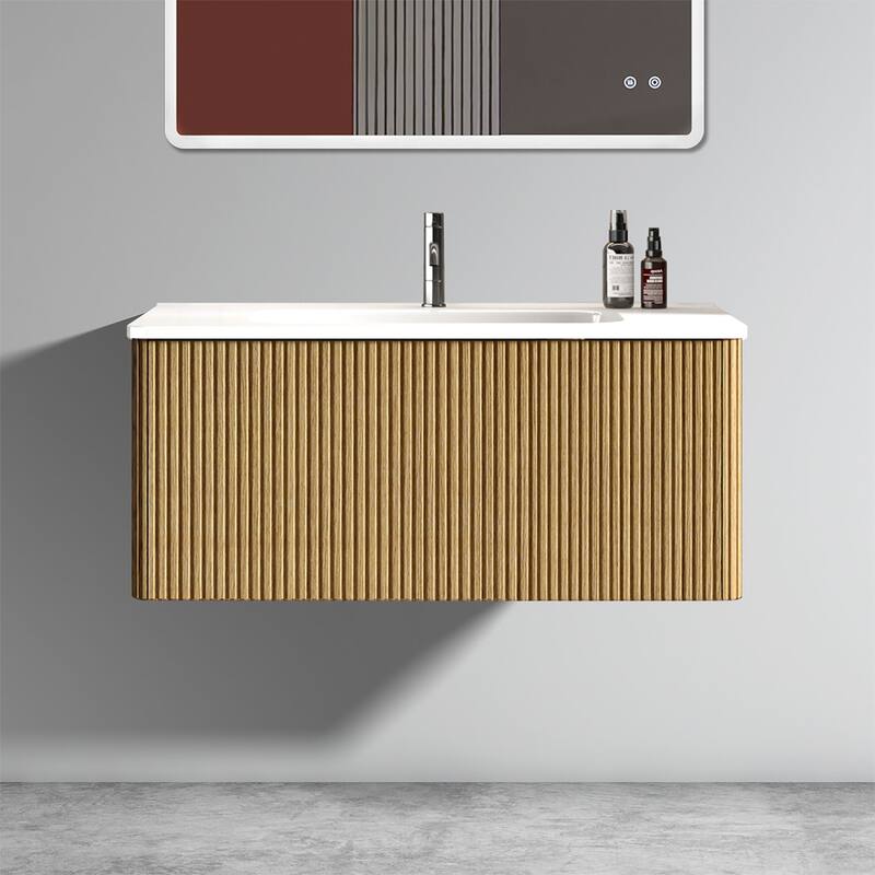 36"Striped Bathroom Vanity with White Ceramic Sink, Wall Mounted Floating Bathroom Vanity, One-Piece White Basin without Drain - White+Oak