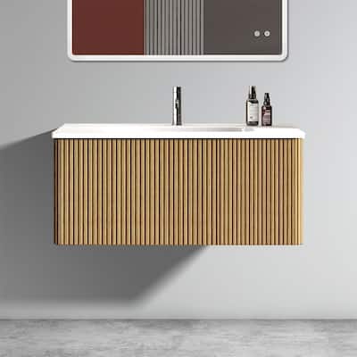 36"Striped Bathroom Vanity with White Ceramic Sink, Wall Mounted Floating Bathroom Vanity, One-Piece White Basin without Drain
