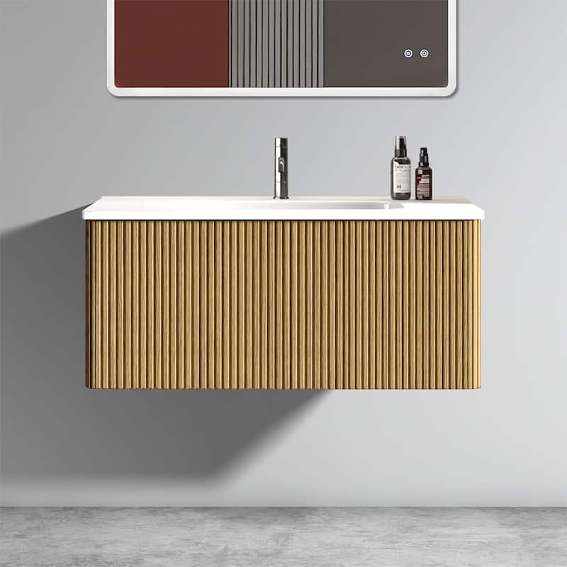 Etna 36"Striped Natural Oak Bathroom Vanity with White Ceramic Sink, Wall Mounted Floating Bathroom Vanity - White+Oak