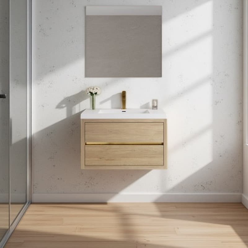 36 Inch Floating Bathroom Vanity with Glossy White Stone Resin Sink Top, Wall Mounted Natural Oak Cabinet