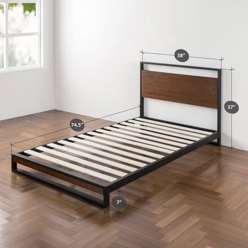 Black Twin Size Metal Wood Platform Bed Frame with Headboard and Cherry Finish