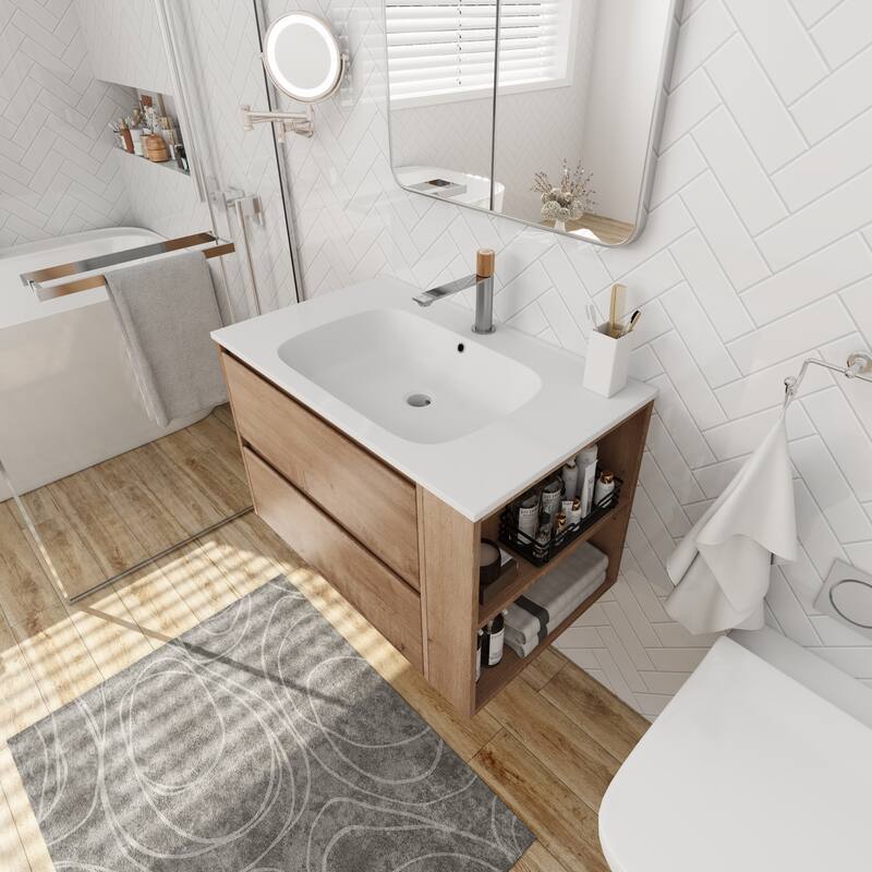 29.7-Inch Double Drawer Bathroom Vanity with Adjustable Side Shelf, Gel Basin, Soft-Close Drawers - 29.7in L Plywood