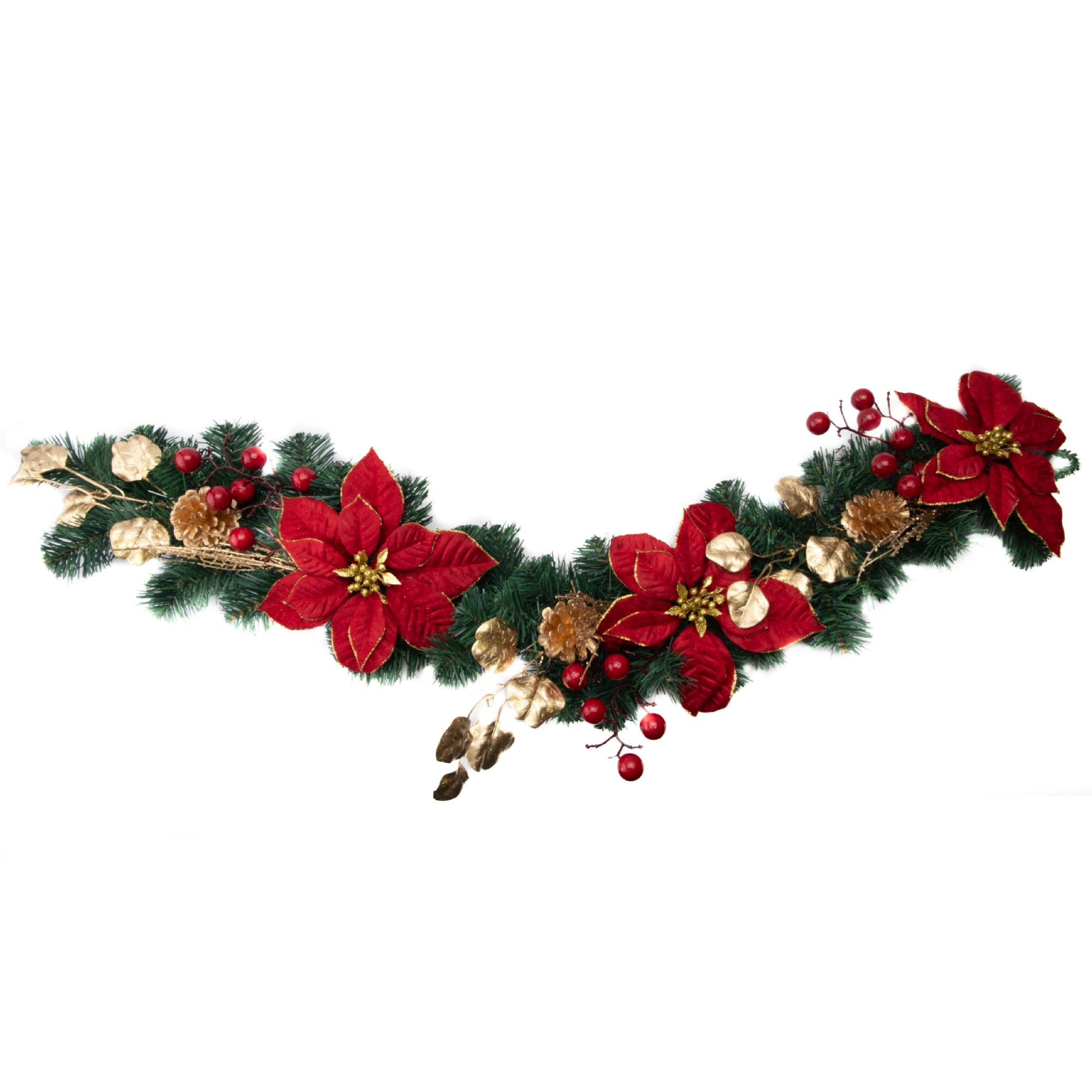 Red Velvet Poinsettia and Gold Pinecone Garland