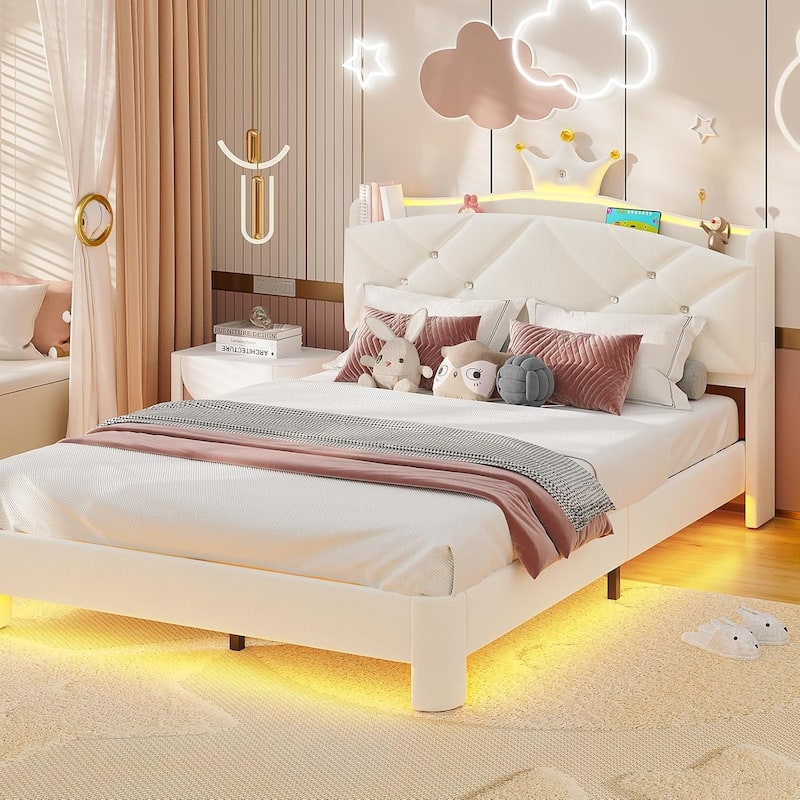Princess Upholstered Bed with Headboard Charging Station Crystal Button Crown