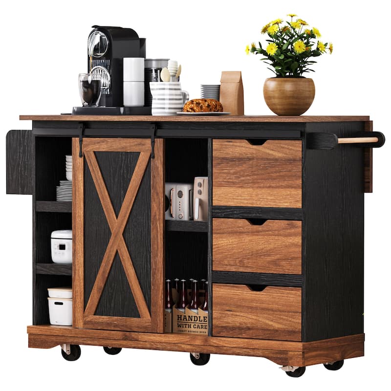 Drop Leaf Dining Table, Rolling Kitchen Island with Sliding Barn Door, Kitchen Cabinet with Built-In Charging Station