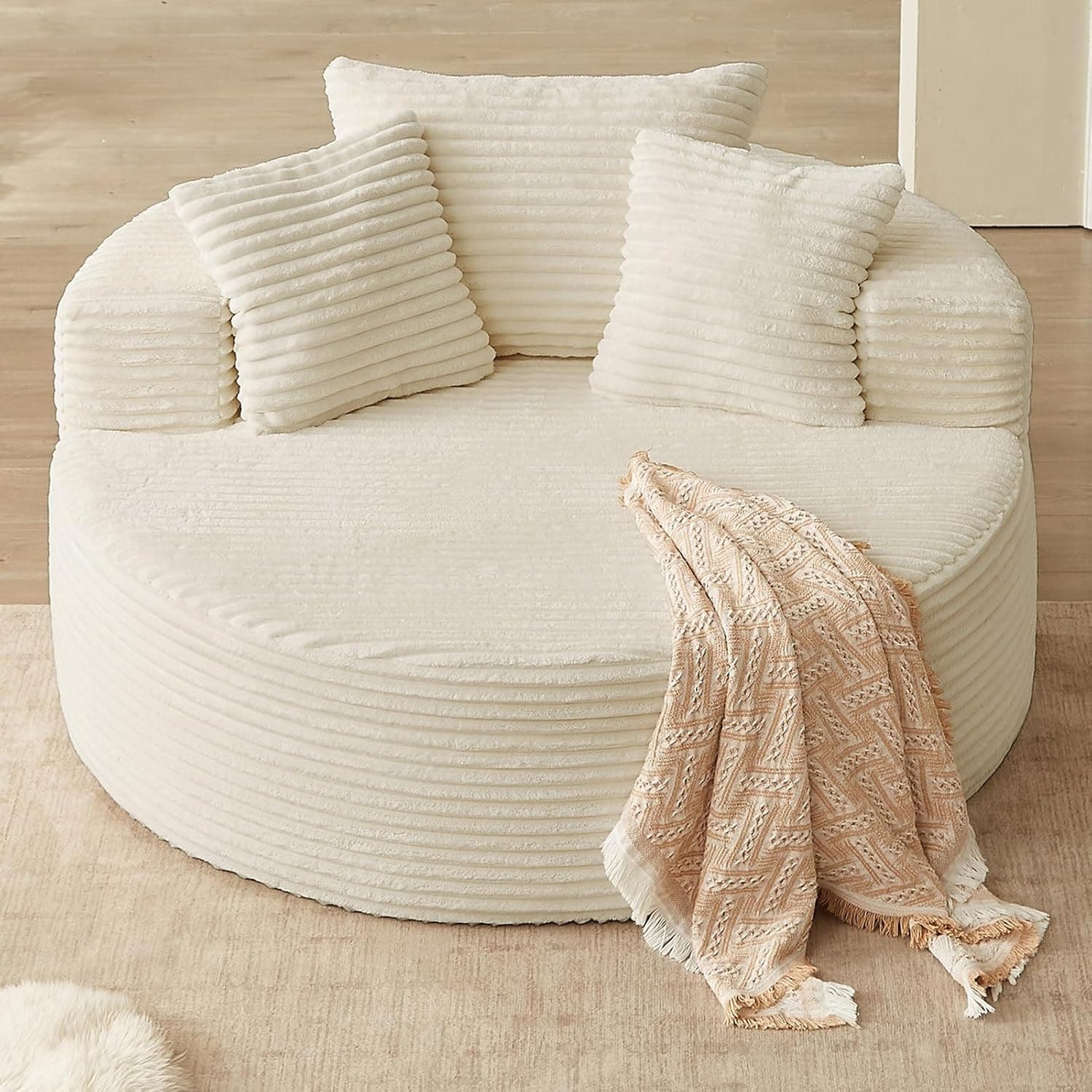 Large Round Upholstered Cloud Sofa Chair, Corduroy Sleeper for Reading, Light White