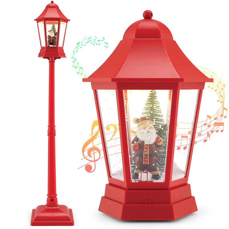 Red Musical Christmas Street Lamp with LED Lights and Snow Globe Scene for Santa or Snowman Decor - 12.5" x 12.5" x 64"