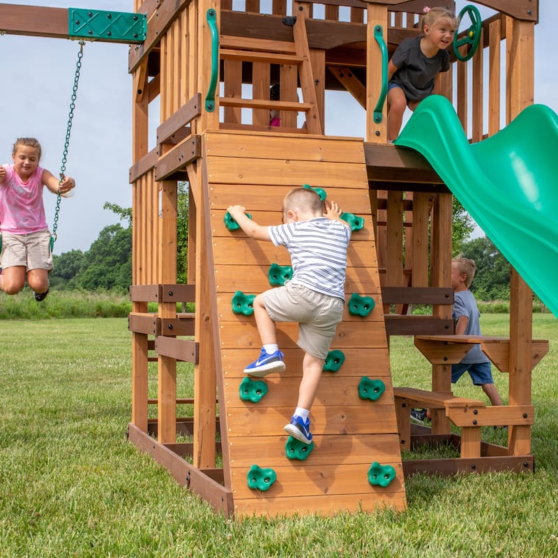 Backyard Discovery Highlander Cedar Wood Swing Set, 3-Story Clubhouse - 15'5" x 15'6"