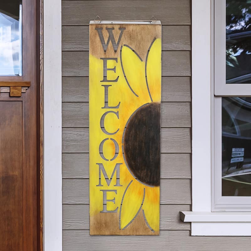 Exhart Hand Painted Solar Metal Sunflower Hanging Wall Art, 8 by 24.5 Inches
