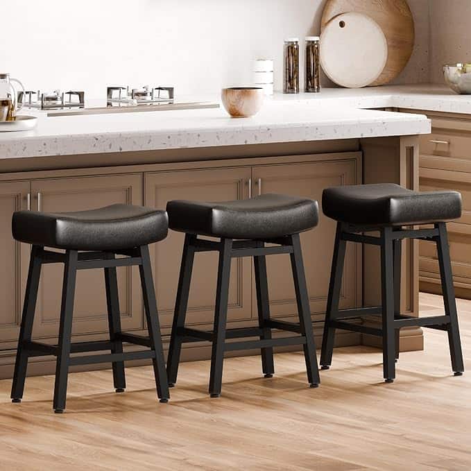 XINMICS 24 Inches Bar Stools, Saddle Kitchen Stools with PU Leather Cushion Counter Height Barstools for Kitchen Dining Cafe