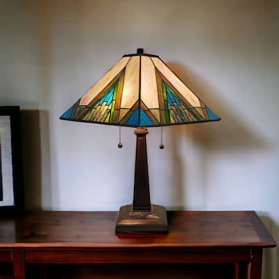HomeRoots 23" Stained Glass Handcrafted Pyramid Style Two Light Mission Style Table Lamp - 21 x 22 x 11