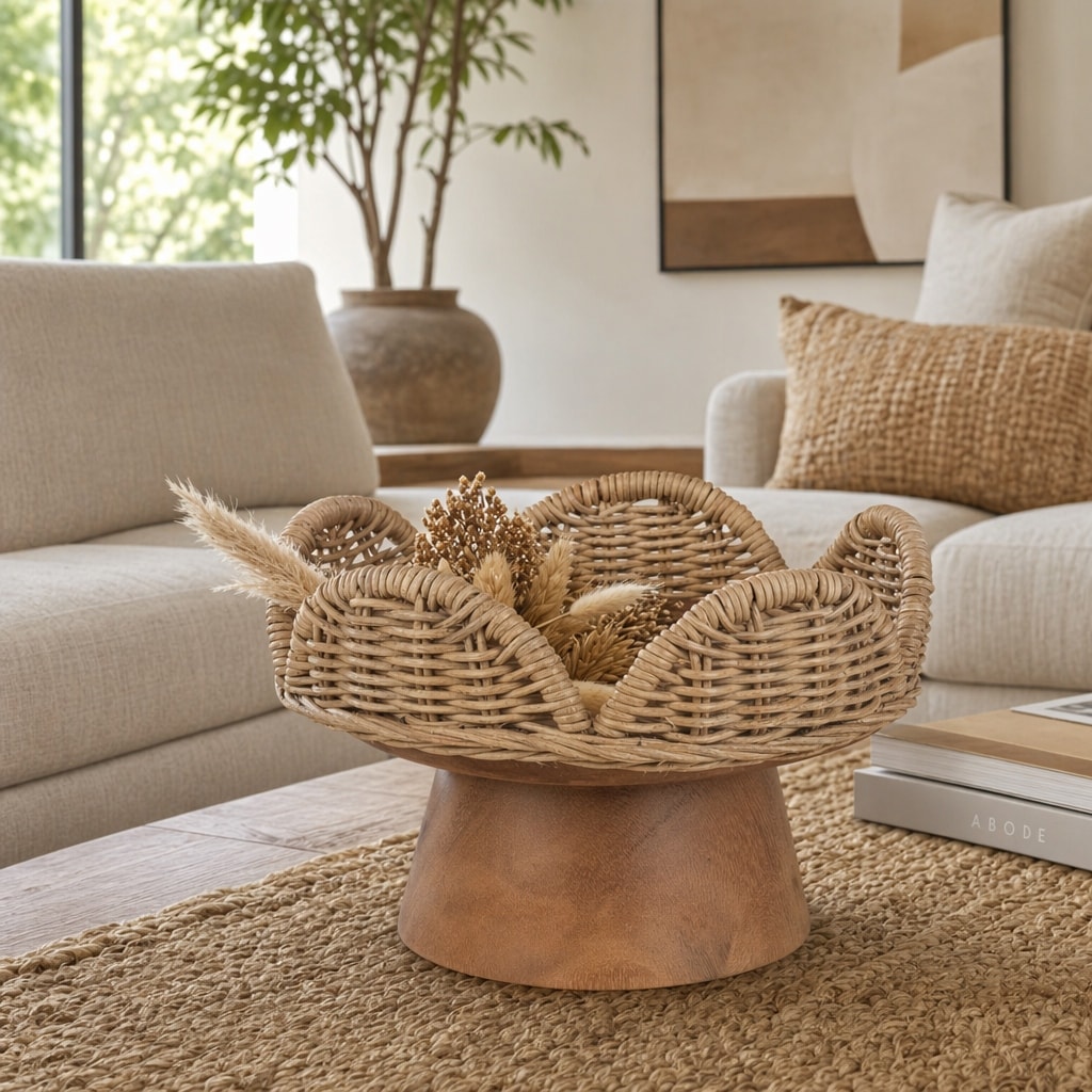 Modern Round Wicker Accent Bowl on Pedestal - 10", Brown & Tan - 10.0"