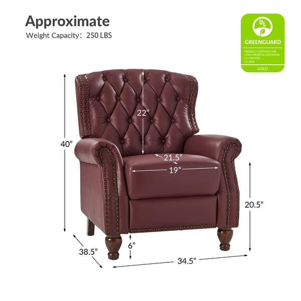dimension image slide 0 of 7, Justine Transitional Genuine Leather Tufted Back Manual Recliner with Nailhead Trim and Rolled Arms by HULALA HOME
