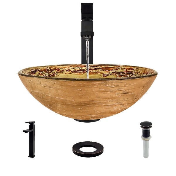 Rene R5-5029-R9-7003 16-1/2" Glass Vessel Bathroom Sink with Vessel Faucet, Sink Ring, and Vessel Pop-Up Drain
