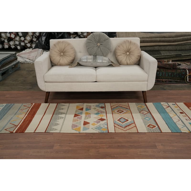 Hand Woven Oriental 100% Wool Carpet Southwestern Modern Beige & Ivories Kilim Runner Rug - 11' 9'' X 2' 6''