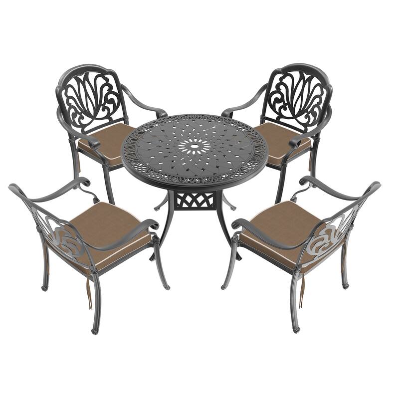3/5-Piece Cast Aluminum Outdoor Dining Set with 35.43 in. Round Table and Random Color Cushions