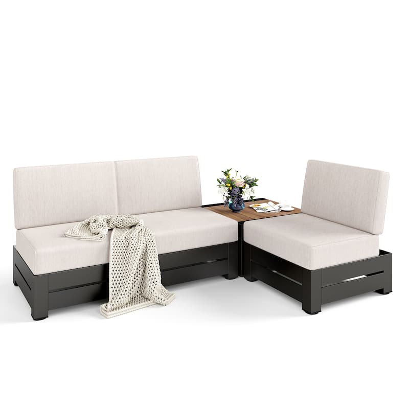 MAISON ARTS 3/4-Seat Outdoor Sectional Sofa, Patio Conversation Set with Wood Grain Table