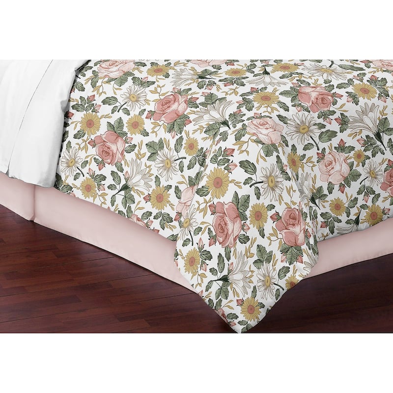 Sweet Jojo Designs Vintage Floral Boho Girl 3pc Full Queen Comforter Set - Blush Pink Yellow Green White Shabby Chic Farmhouse