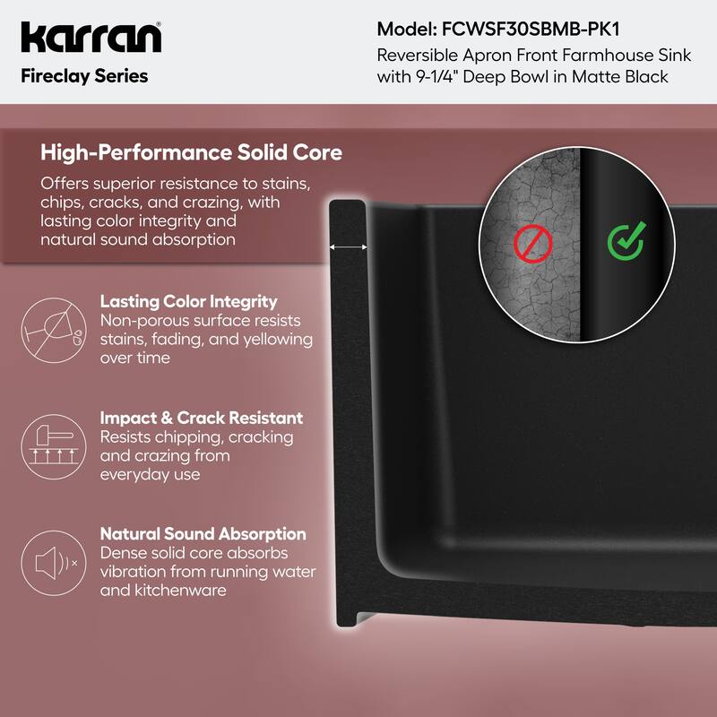Karran 30" Single Bowl Workstation Fireclay Kitchen Sink with Reversible Fluted Apron Front