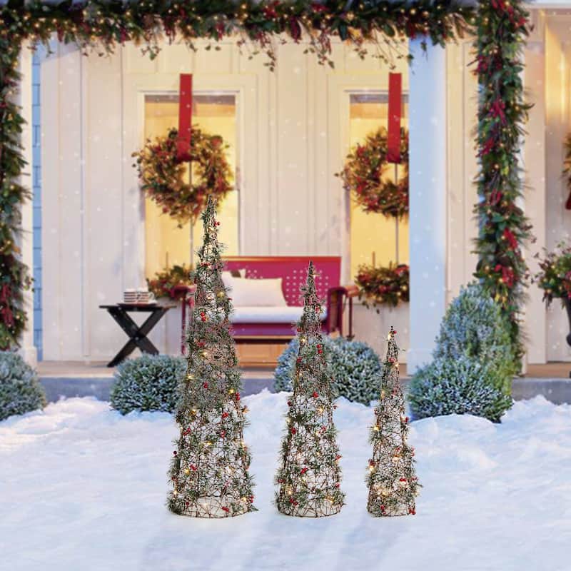 Glitzhome Set of 3 Lighted Christmas Plastic Tree with 75 Warm White LED Lights - Christmas Tree