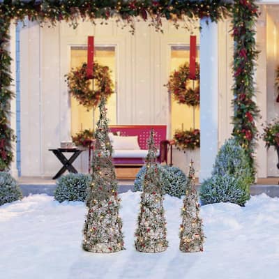 Glitzhome Set of 3 Lighted Christmas Plastic Tree with 75 Warm White LED Lights - Christmas Tree