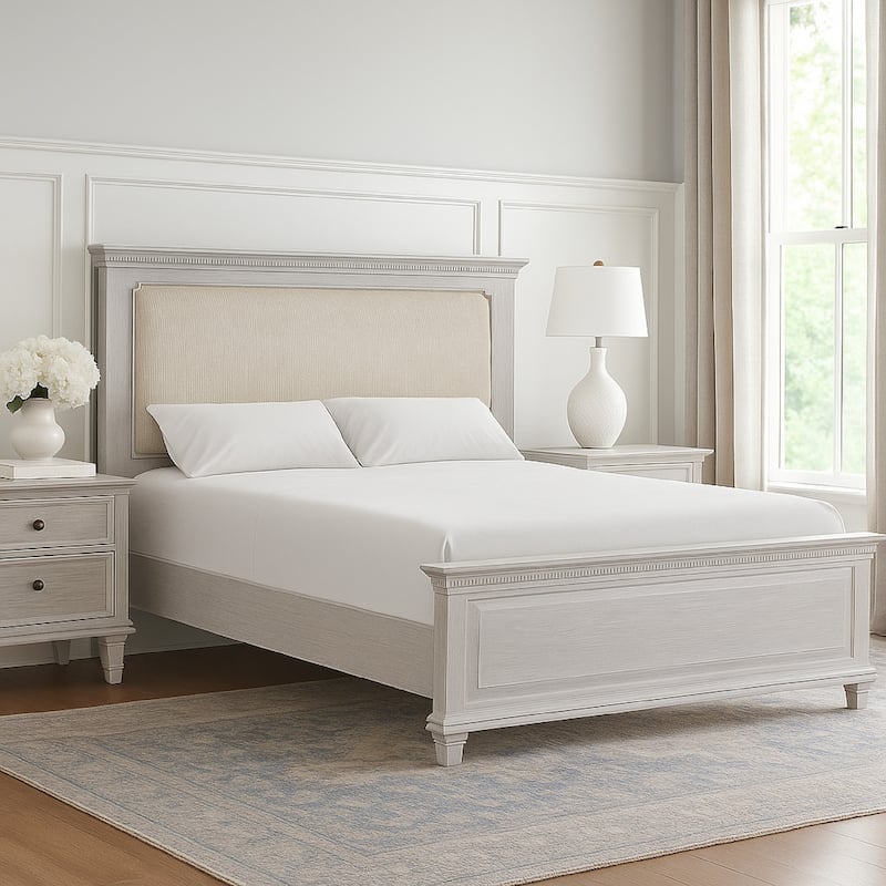 Leyne Queen Bed, Cream Upholstery, Dentil Molding Weathered Gray Wood