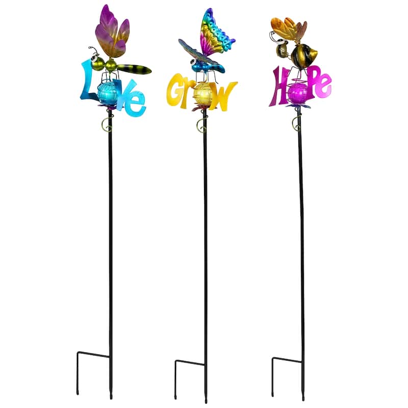 Solar Lighted Grow, Love and Hope Outdoor Garden Stakes - 35" - Set of 3 - Multi