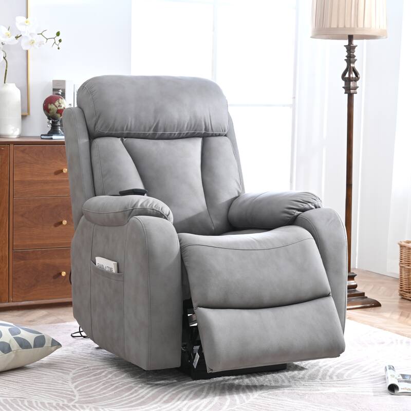 Grey Wide Seat Power Lift Recliner with Remote Control, Side Pocket, and Adjustable Recline Features