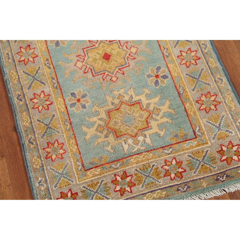 Light Blue Kazak Accent Rug Hand-Knotted Geometric Wool Carpet - 2'1"x 2'10"