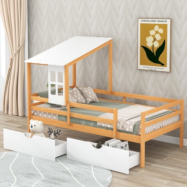 slide 2 of 9, Twin Size House Low Loft Bed with Two Storage Drawers,Fence and Sturdy Pine Frame White