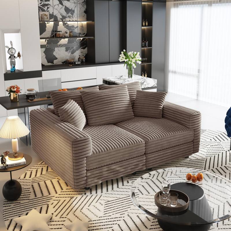 Plush Corduroy Upholstered 3 Seat Sofa , Convertible Deep Seat Lounge Sofa Chair, Cloud Sofa with 5 Soft Pillows
