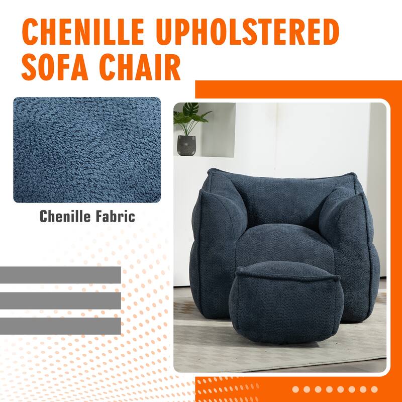 Boucle Upholstered Deep Seat Armless Square Bean Bag Chair with Ottoman