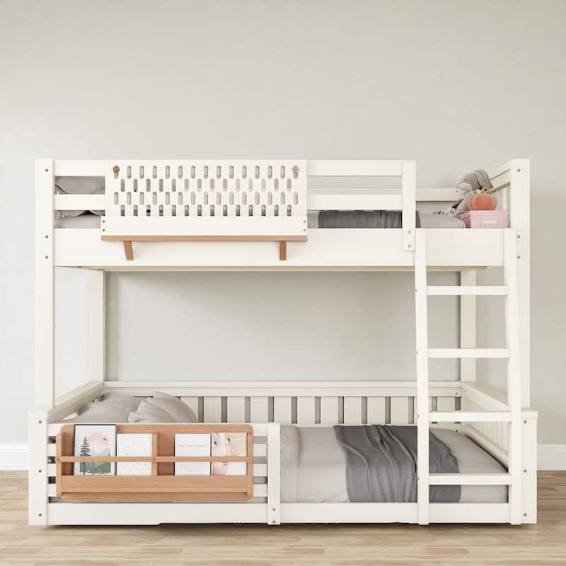 Full XL over Queen / Full over Queen Bunk Bed with Ladder, Guardrails, Pegboard & Built-In Bookshelf, Solid Wood Frame - Beige - Queen