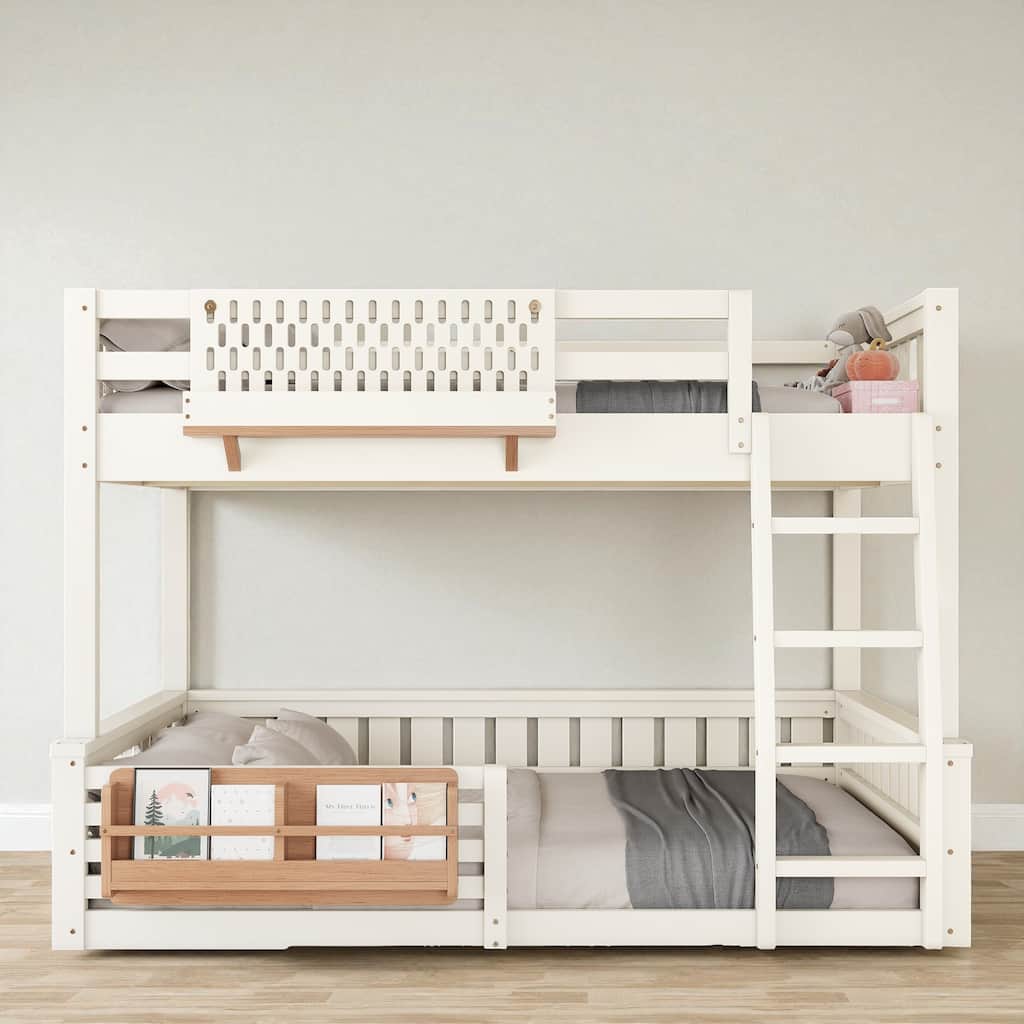 Full XL over Queen / Full over Queen Bunk Bed with Ladder, Guardrails, Pegboard & Built-In Bookshelf, Solid Wood Frame