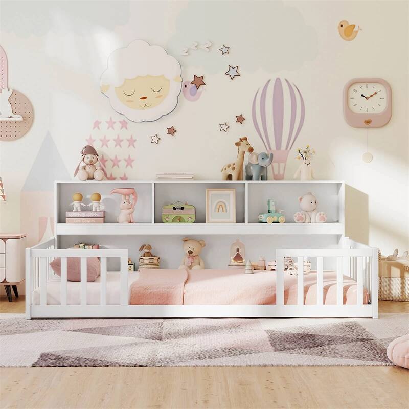 Pine Wood Twin Montessori Floor Bed with Bookshelf and Safety Rails