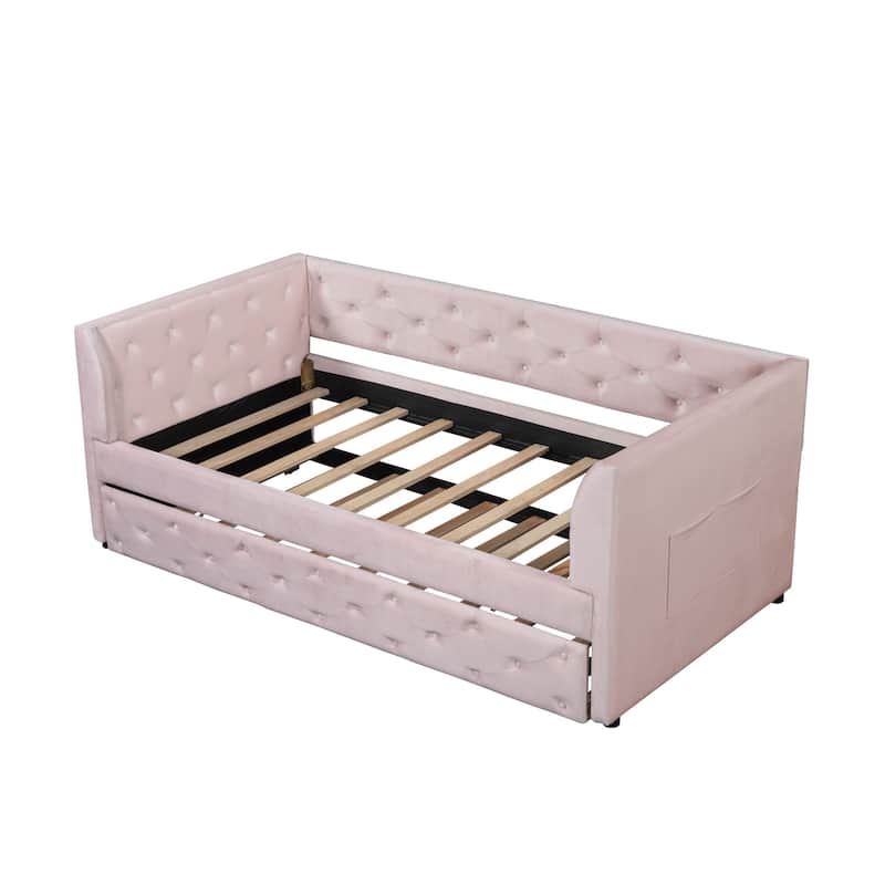 Twin Size Upholstered Velvet Tufted Daybed with Trundle