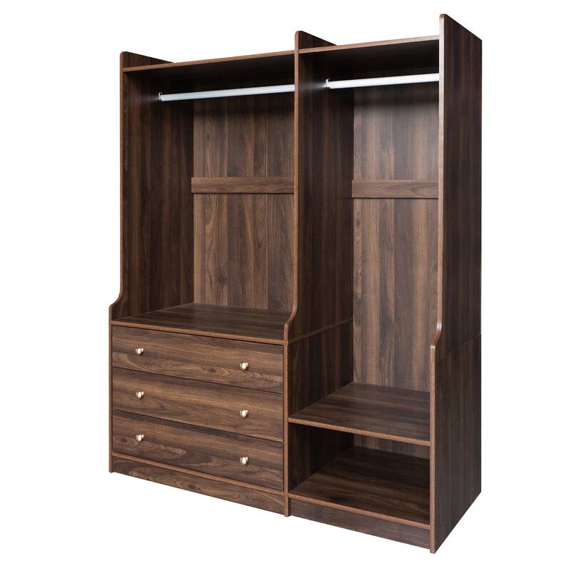 Wooden Open Wardrobe Storage Clothes Storage Cabinet with Dual Hanging Rods and Five Shelves Armoire for Bedroom