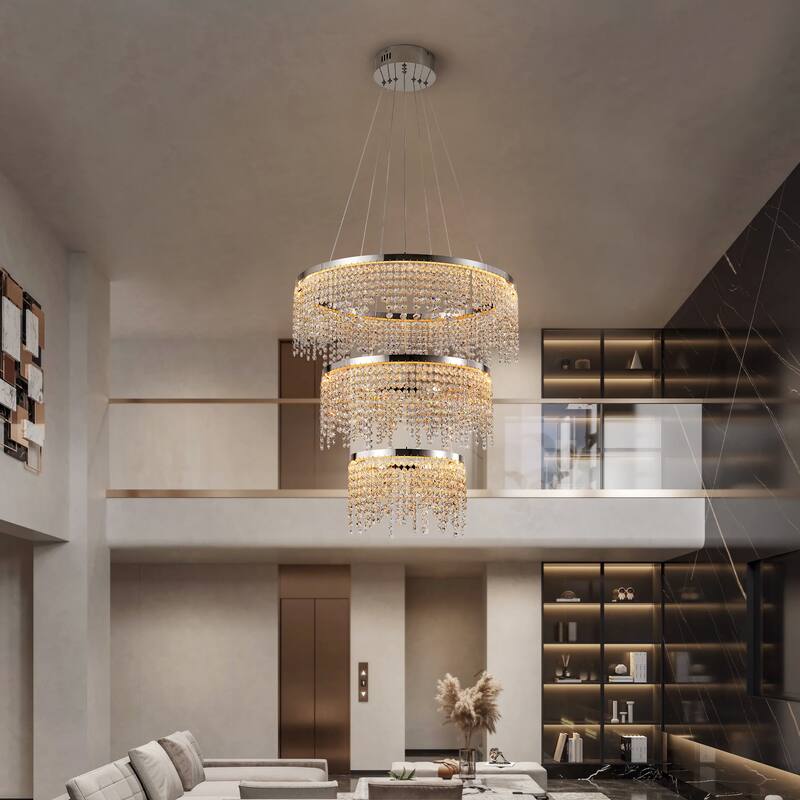 24-inch Crystal Chandelier LED Ceiling Lamp, Adjustable Color Temperature 3000K/4000K/6000K, Height Adjustable - Chrome