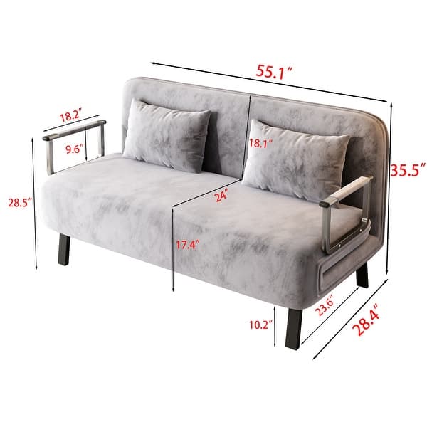 dimension image slide 4 of 5, 55-Inch Convertible Tri-Fold Sofa Bed With Adjustable Backrest, Pillow, And Chaise Lounge