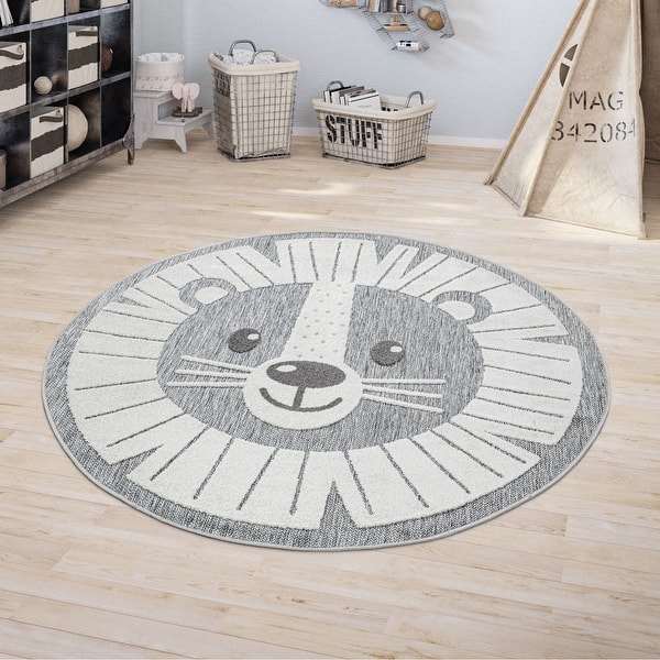 slide 2 of 5, Lion Face Kids Rug Animal Round Play Mat with 3D Effect in Grey 3'11" Round