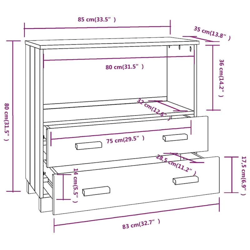 vidaXL Sideboard Buffet Console Cabinet for Bedroom HAMAR Solid Wood Pine - 33.5"x13.8"x31.5"