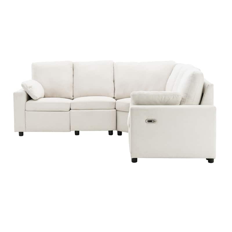 88.9" Linen Power Recliner Sectional 5-Seat Sofa with USB Ports and Storage Drawers