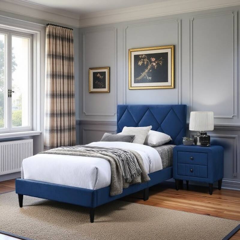 Twin Velvet Bed with Adjustable Diamond-Stitched Headboard, 12-Slat Support System, No Box Spring Needed - Navy Blue